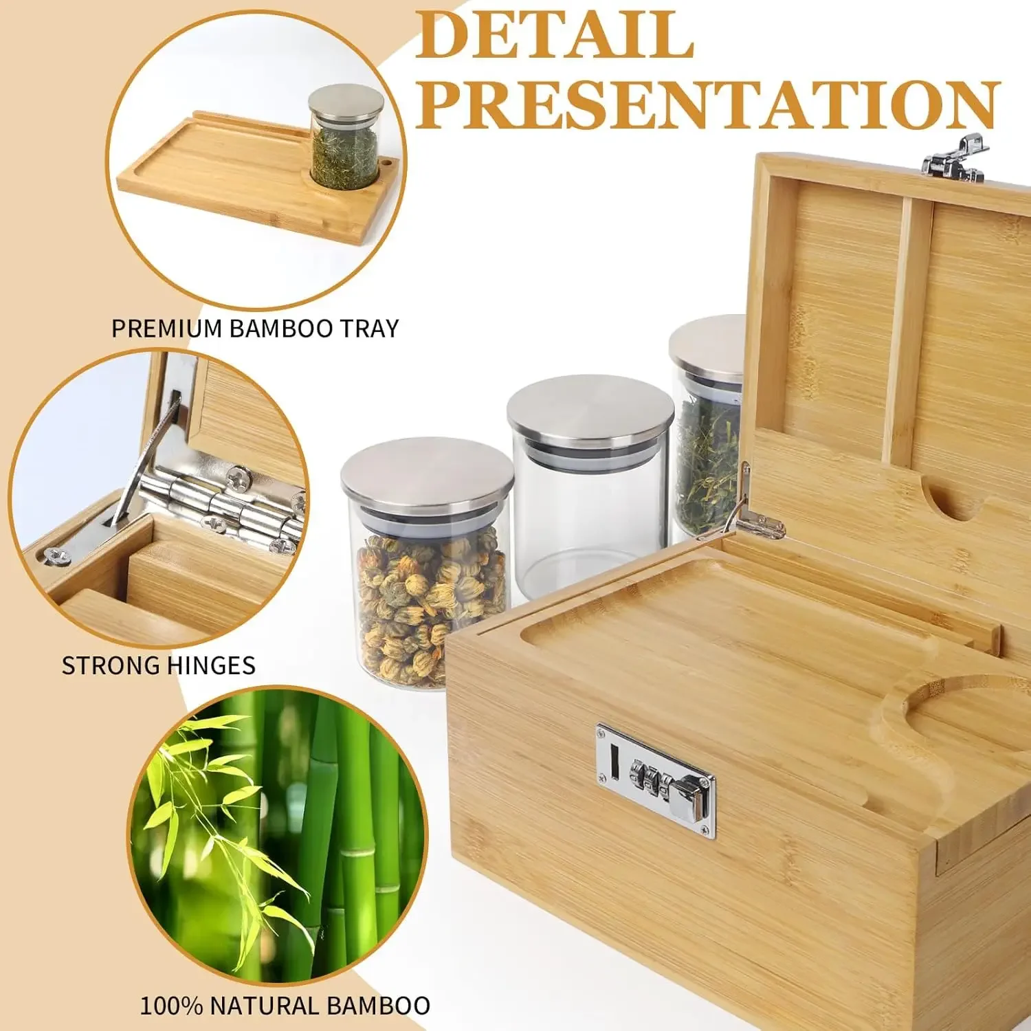 Large Storage Box with Removable Slide-Out Tray,Bamboo Decorative Box with Removable Compartment ,3-Pack Glass Jars