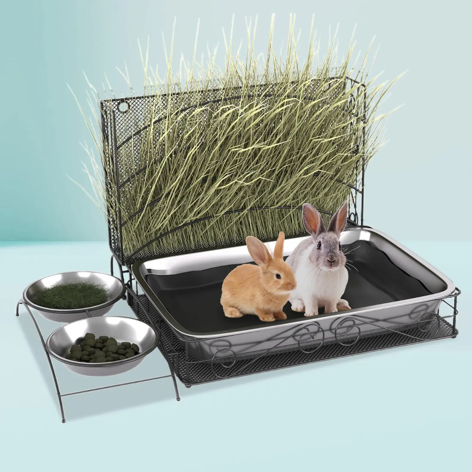 3 in 1 Rabbit Hay Feeder with Litter Box Bowls, Bunny Feeder Manger for Dwarf, Rabbit, Bunny, Guinea Pig, Chinchilla