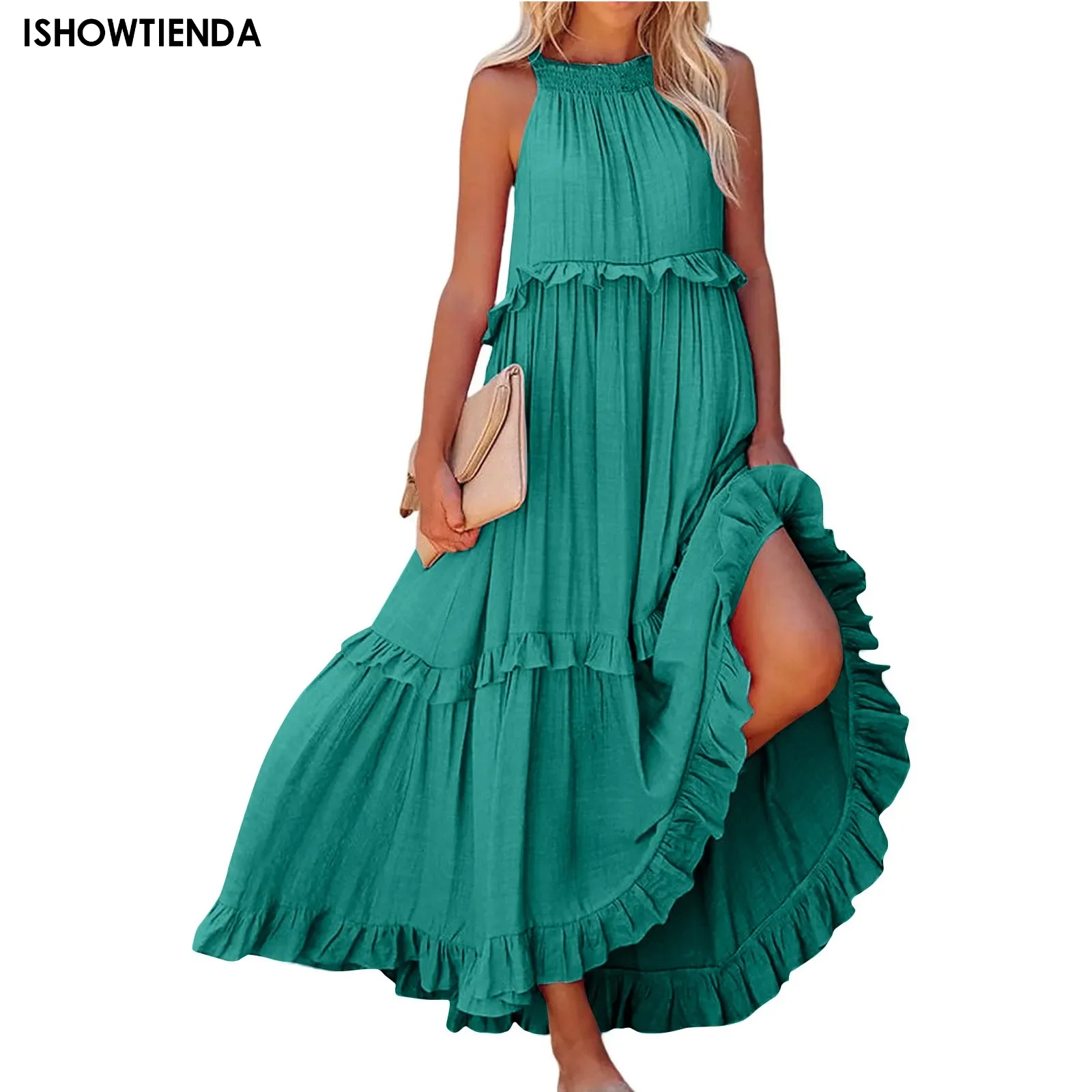 Bohemian Beach Sundress Sexy Sleeveless Backless Big Swing Maxi Long Dress Strapless Ruffles Midi Dresses Vacation Vestidos