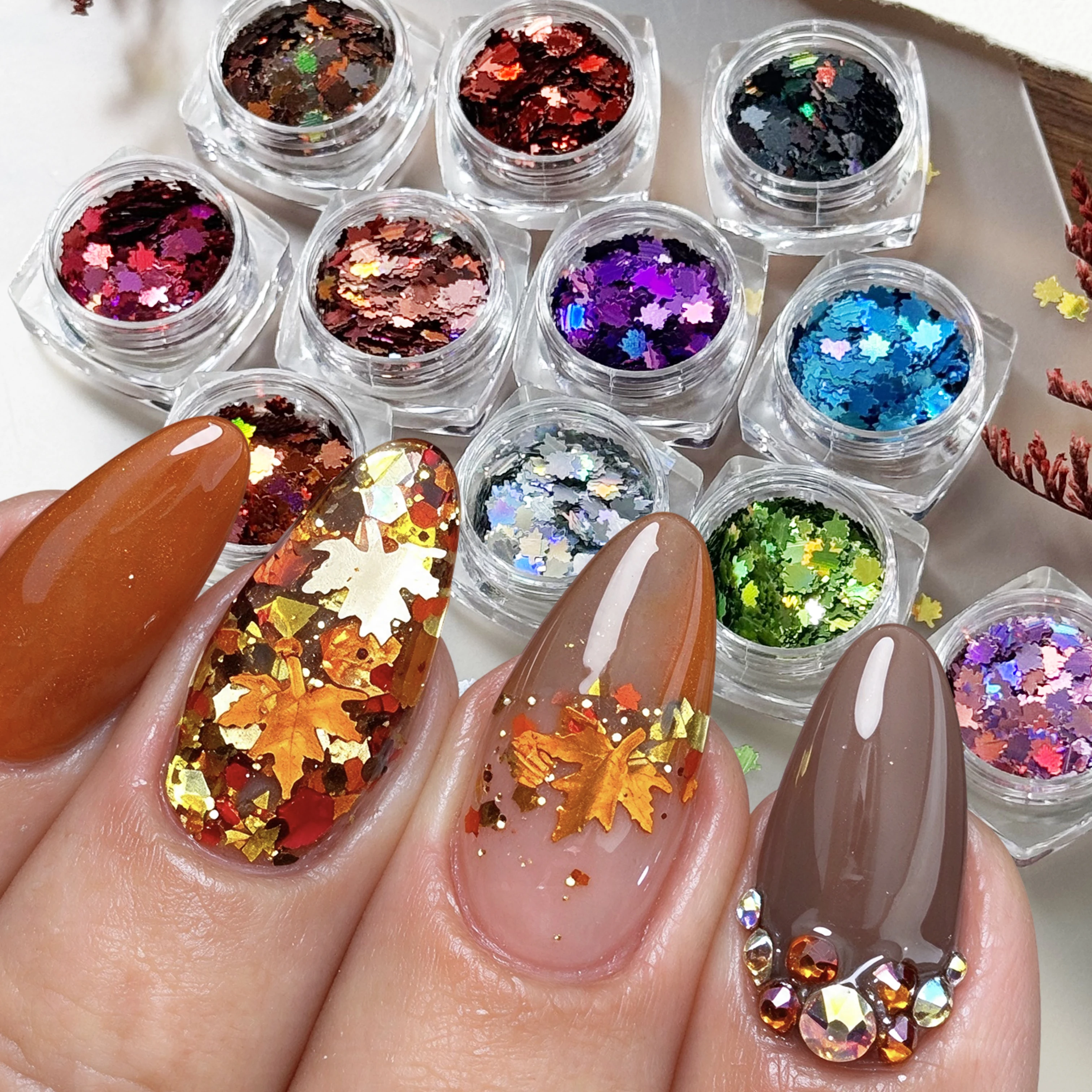 12Jars Holographic Maple Leaves Nail Sequins 3D Iridescent Falling Leaf Glitter Flakes Nail Decorations DIY Autumn Nail Supplies