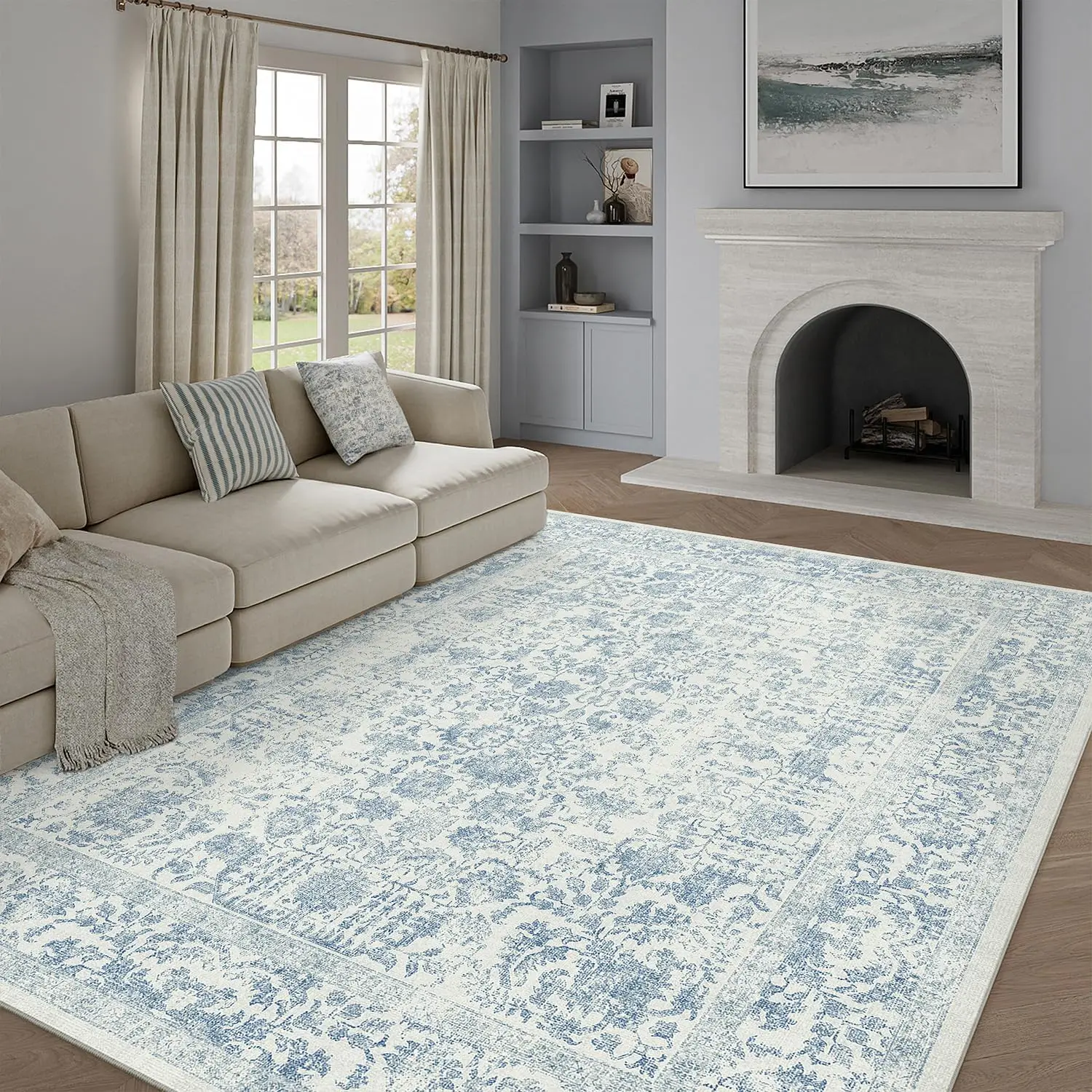 Polypropylene Area Rug, Vintage Floral Pattern Floor Carpet For Living Room Dining Area And Bedroom, Durable Washable Large Indoor Mat, Blue Single Pack