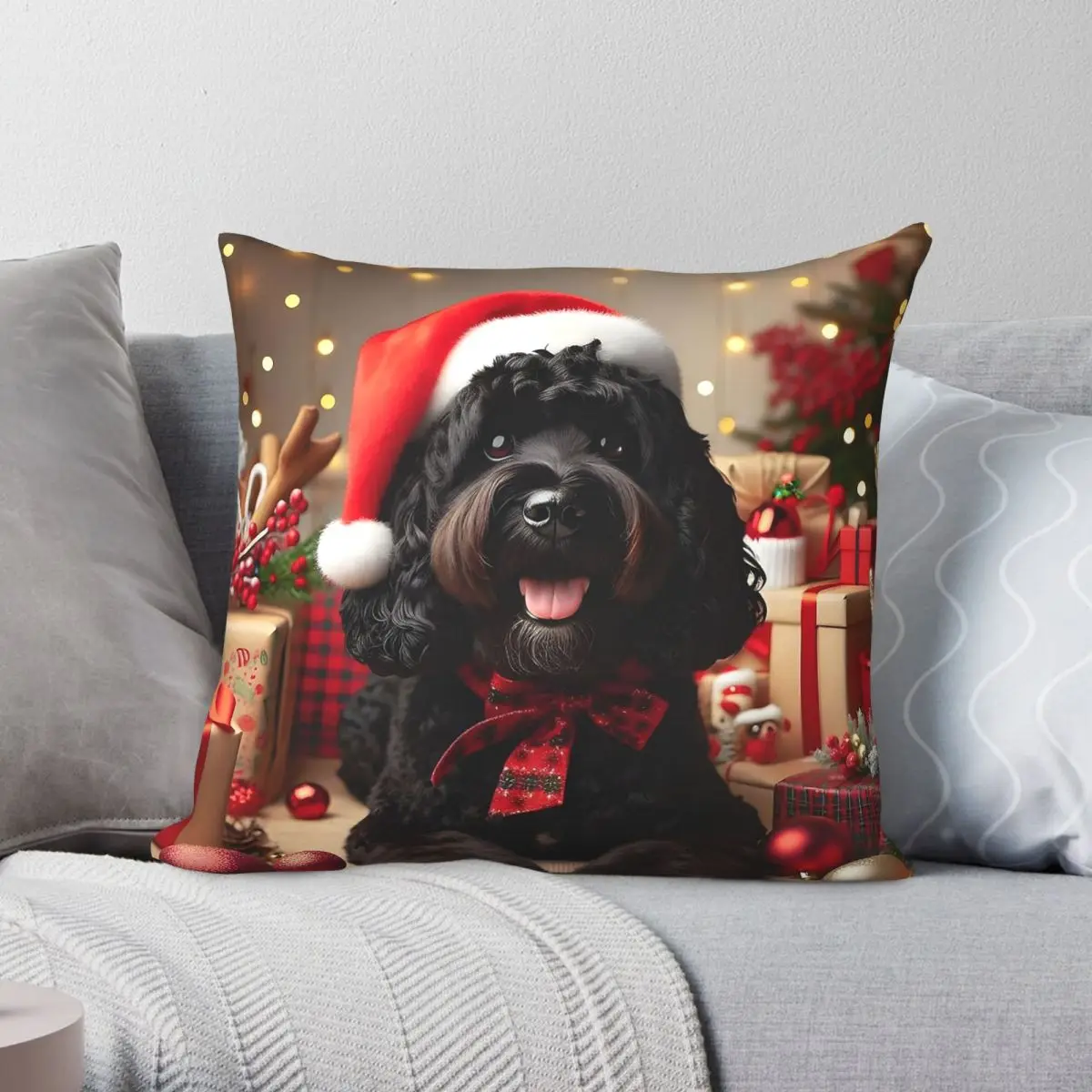 Cockapoo Christmas Portrait Square Pillowcase Polyester Linen Velvet Pattern Zip Decor Home Cushion Cover