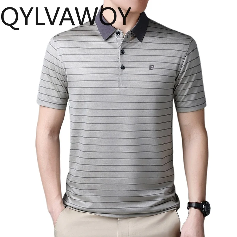 

QYLVAWOY 100% Mulberry Silk Men's Shirts Summer Polo Shirt Lapel T Shirts for Man Short Sleeve Striped T Shirt Homme Man Clothes