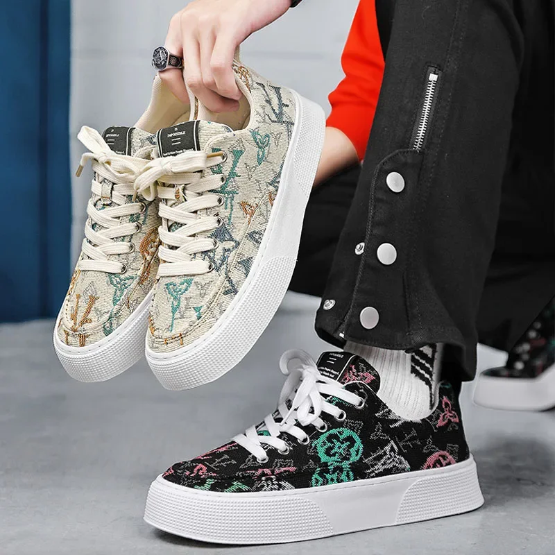 

Мужские кроссовки на платформе, модная парусиновая спортивная обувь с принтом, мужская нескользящая повседневная обувь на плоской подошве, обувь для скейтборда на толстой подошве со шнуровкой
