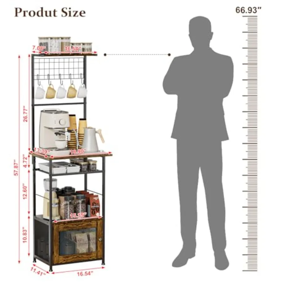 خزانة بار القهوة من 5 طبقات مع باب مرئي، بار قهوة صغير مع 5 خطافات، حامل ميكروويف طويل القامة لزاوية المساحة الصغيرة #2