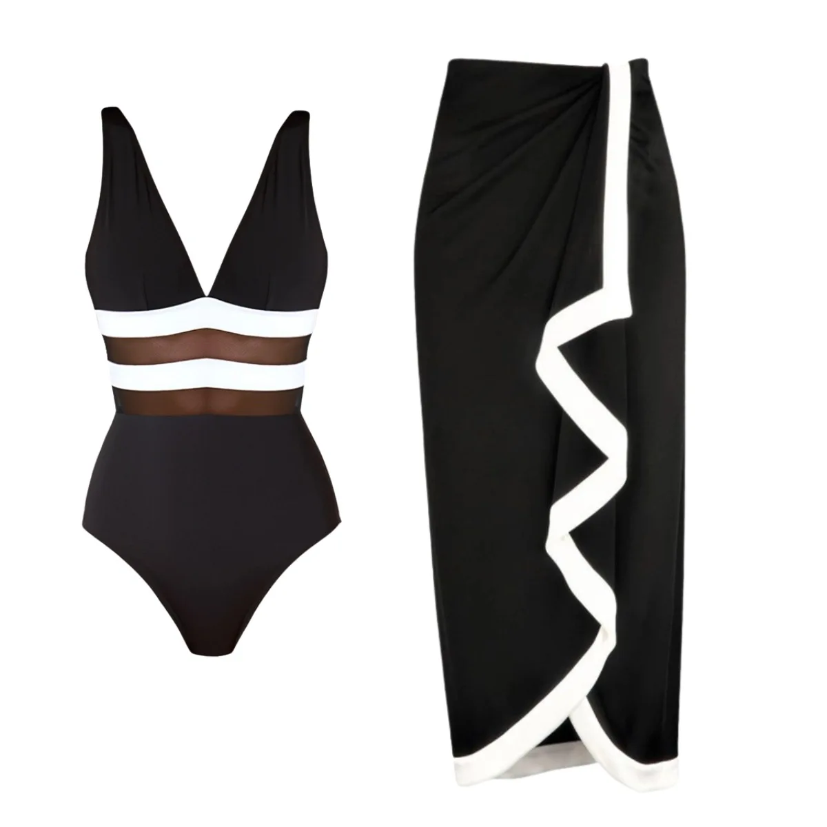 Women's Swimwear Simple Black White Mesh Deep V One-Piece Swimsuit Set New Style Perspective Design