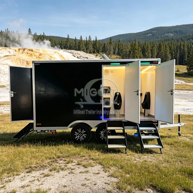 Luxury Mobile Toilet Trailer Four Enclosed Washrooms With Lighted Mirror Sink and Toilet for Wedding Venue Service