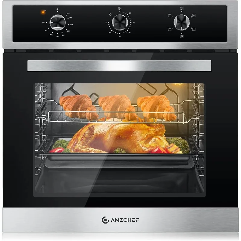 AMZCHEF 24" Single Wall Oven, 2.65 Cu.ft. Built-in Electric Wall Oven with 5 Cooking Functions, 360° ROTATING ROTISSERIE, 2200W