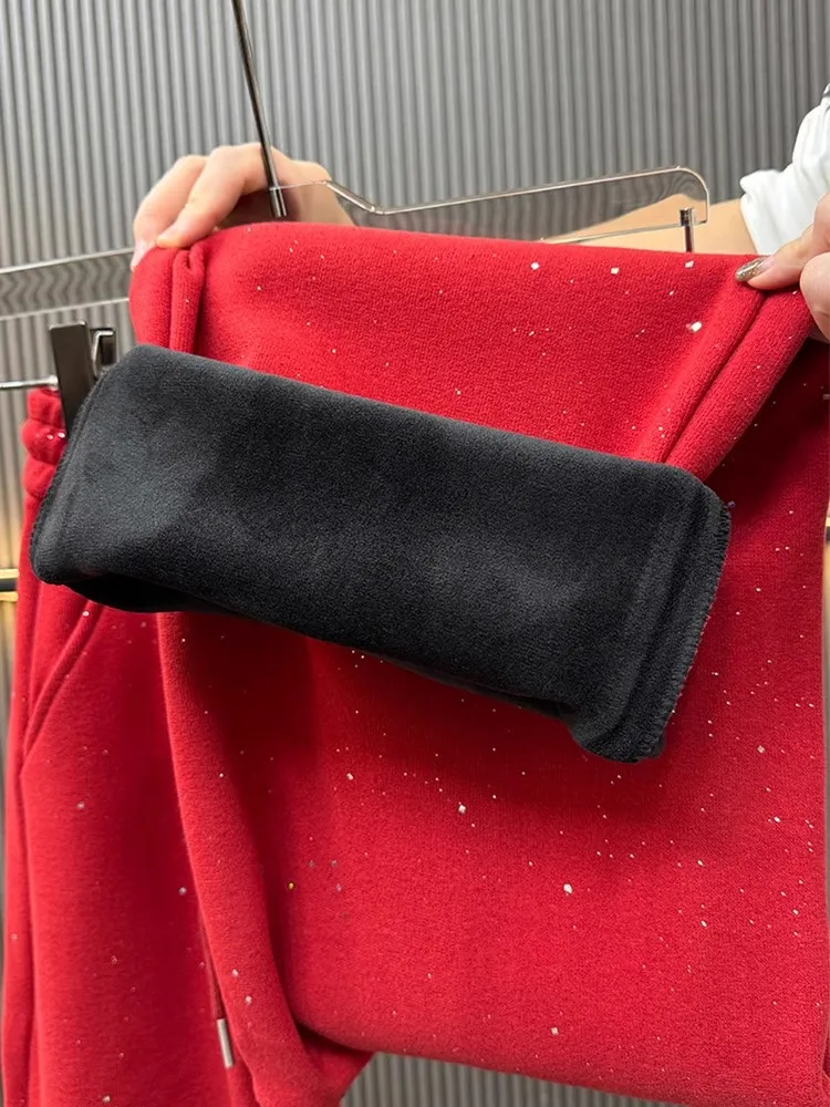 المرأة الأحمر بنطال ذو قصة أرجل واسعة شتاء جديد غرامة فلاش المخملية سميكة الدافئة عالية الخصر بنطلون الكورية فضفاض حجم كبير الطابق بنطلون