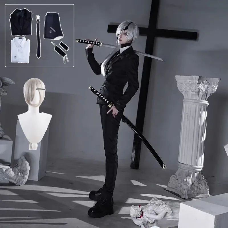 

Quanxi Black Suit Cosplay Costume Chainsaw Man Devil Hunter Uniform with Eyepatch Tie for Women Halloween Party