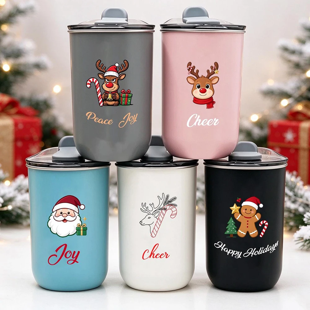 Christmas Tumbler Custom Name Cute Reindeer Santa Gingerbread Stainless Steel Cup Holiday Peace Joy Gift Set For Family.