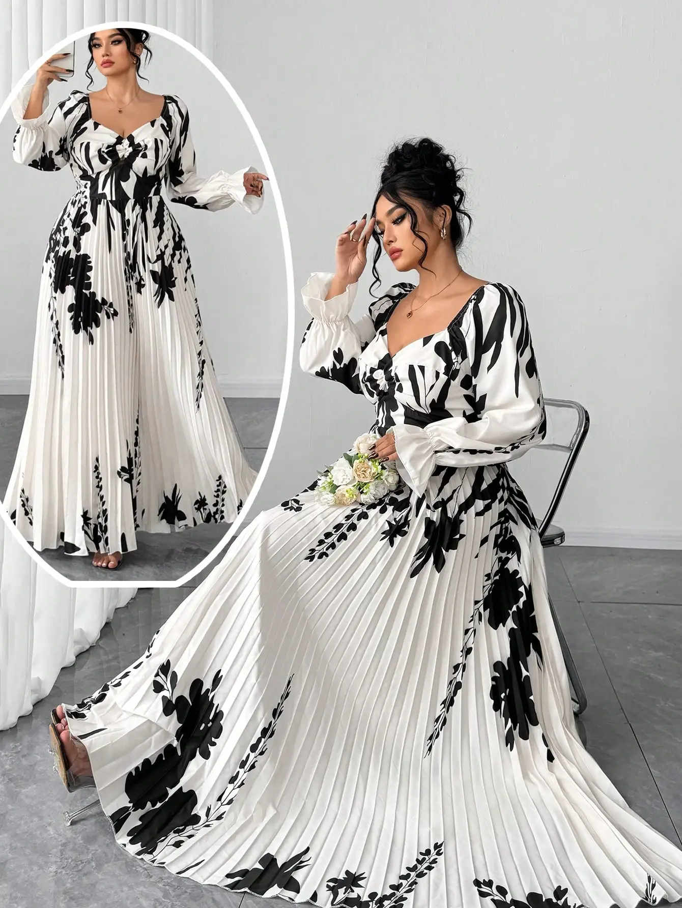 

Black and White Floral Print Pleated Maxi Dress with Puffed Sleeves