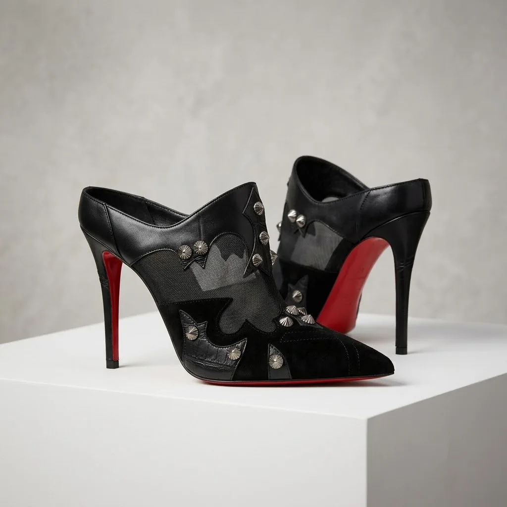Women Black Mesh Patchwork Mule Heels Metal Spiked Rivets Pointed Toe Slingback Stiletto Sandals Classic Red Sole Punk Club Shoe view 3