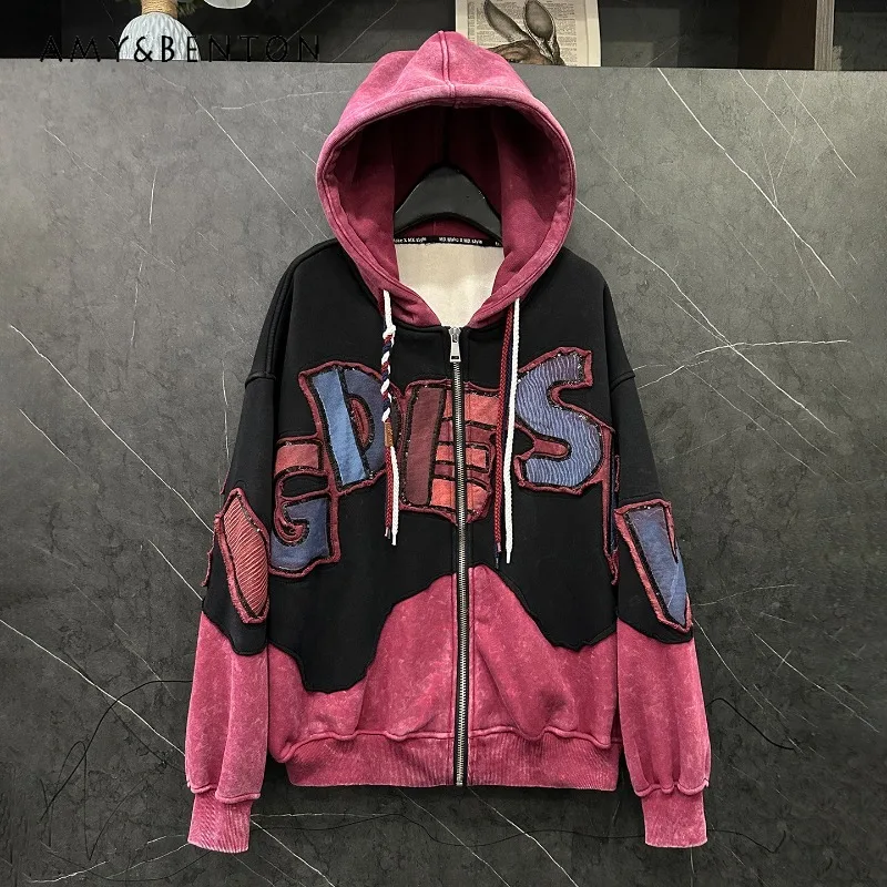 

2025 Autumn Winter Heavy Industry Embroidery Color Block Fleece Hooded Sweatshirt Jacket Ladies Fashion Loose Casual Top Coat