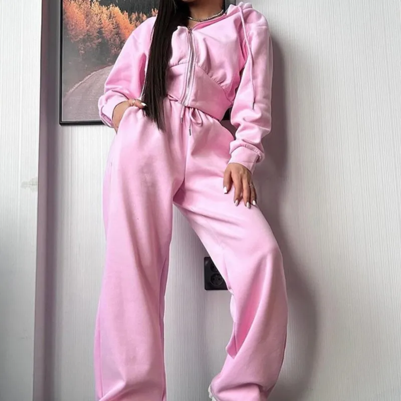 

Fashion Women's 2 Piece Set Autumn And Winter Loose Solid Color Zip Hooded Wide-leg Pants Suit Casual Soft Ladies Sports Outfit