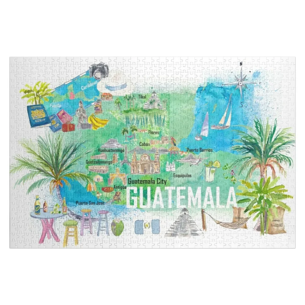 Guatemala geïllustreerde reiskaart met wegen en toeristische hoogtepunten Legpuzzel Babyspeelgoed Aangepaste fotopuzzel