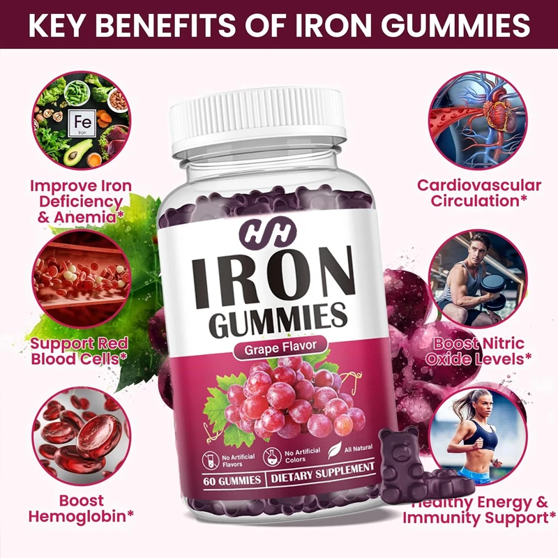 Iron Supplements for Women and Men, Containing Vitamin C,B12, Folate Hematopoietic Agents, and Iron Deficiency Energy 60 Gummies