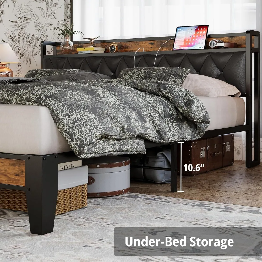 California King Bed Frames, Storage Headboard with Outlets, Easy to Install, Sturdy and Stable, No Noise, No Box Springs Needed