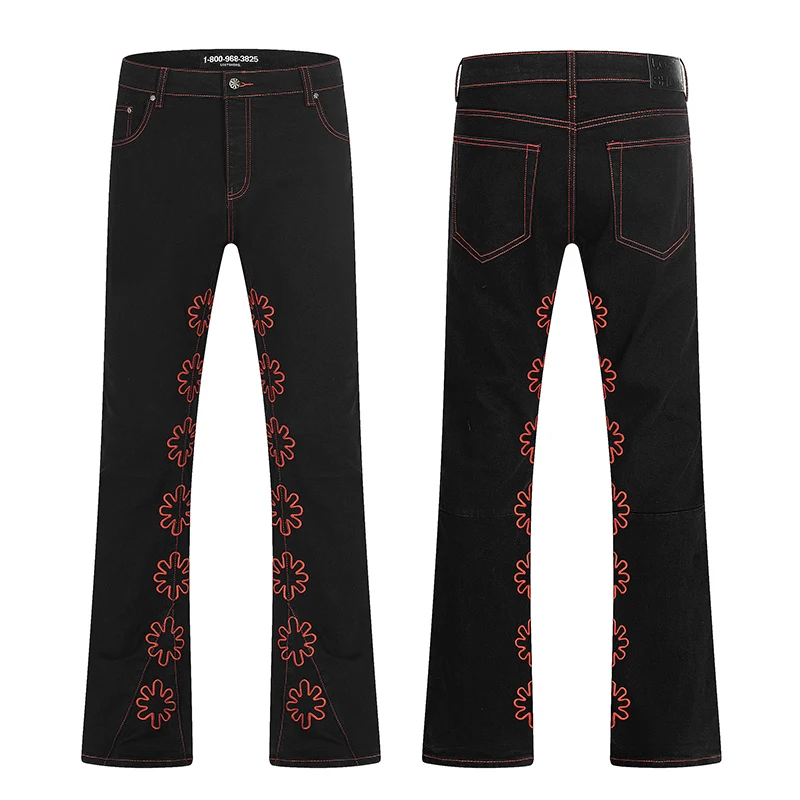 LOSTSHDWS jean tournesol détaillé ajouré broderie américaine haute rue Patchwork jambe droite Streetwear