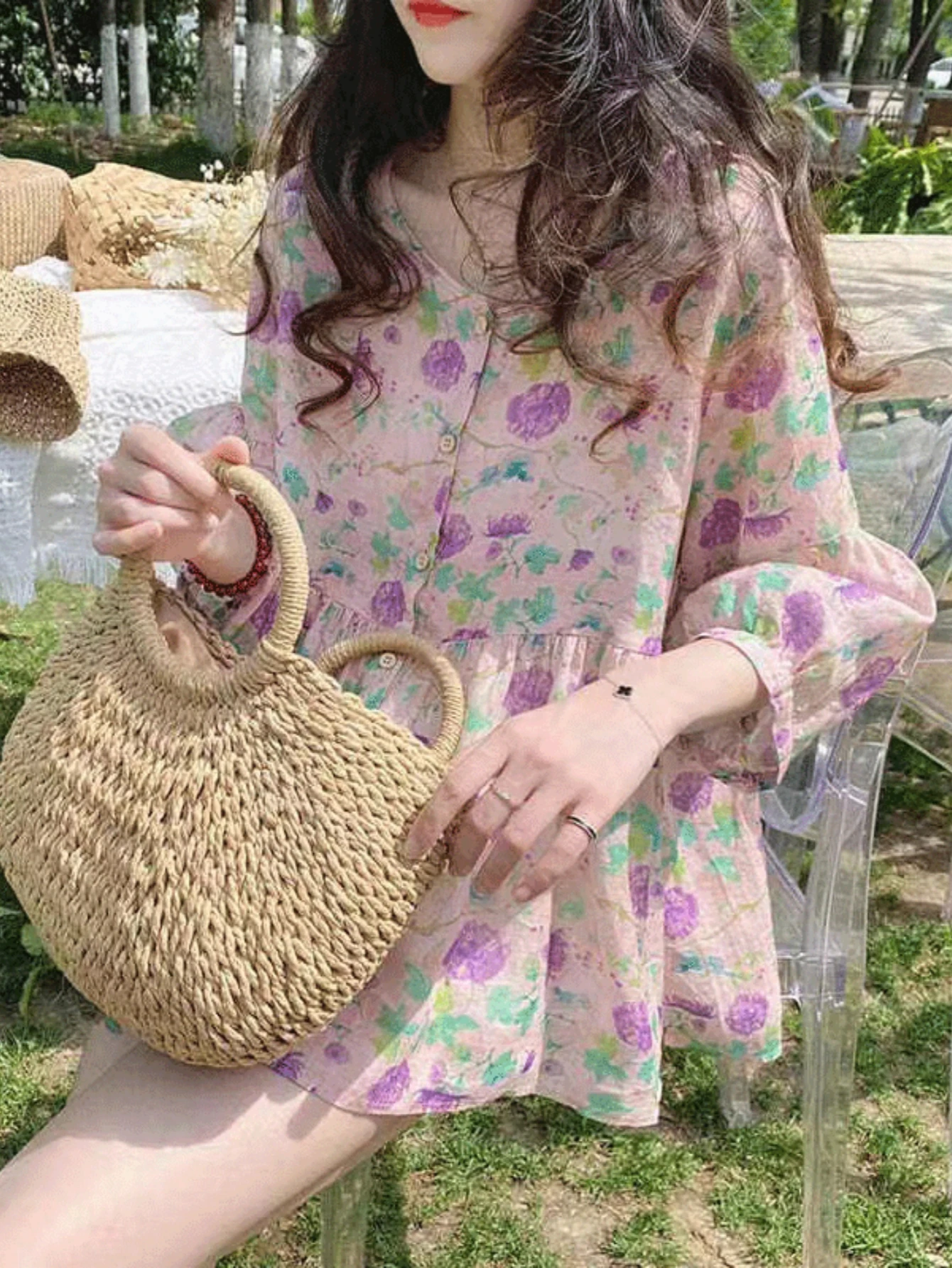Women Floral Print Peplum Blouse V Neck 3/4 Ruffle Sleeve Button Down Loose Cotton Linen Sweet Casual Summer Ladies Babydoll Top