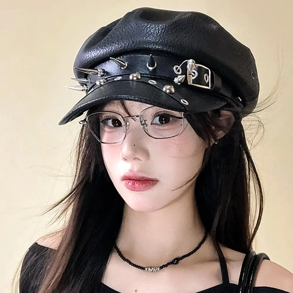 Gothic Punk Faux Leather Military Cap Spiked Studded Cadet Hat with Buckle Strap Retro Biker Captain Hat Harajuku Y2K Gothic Cap