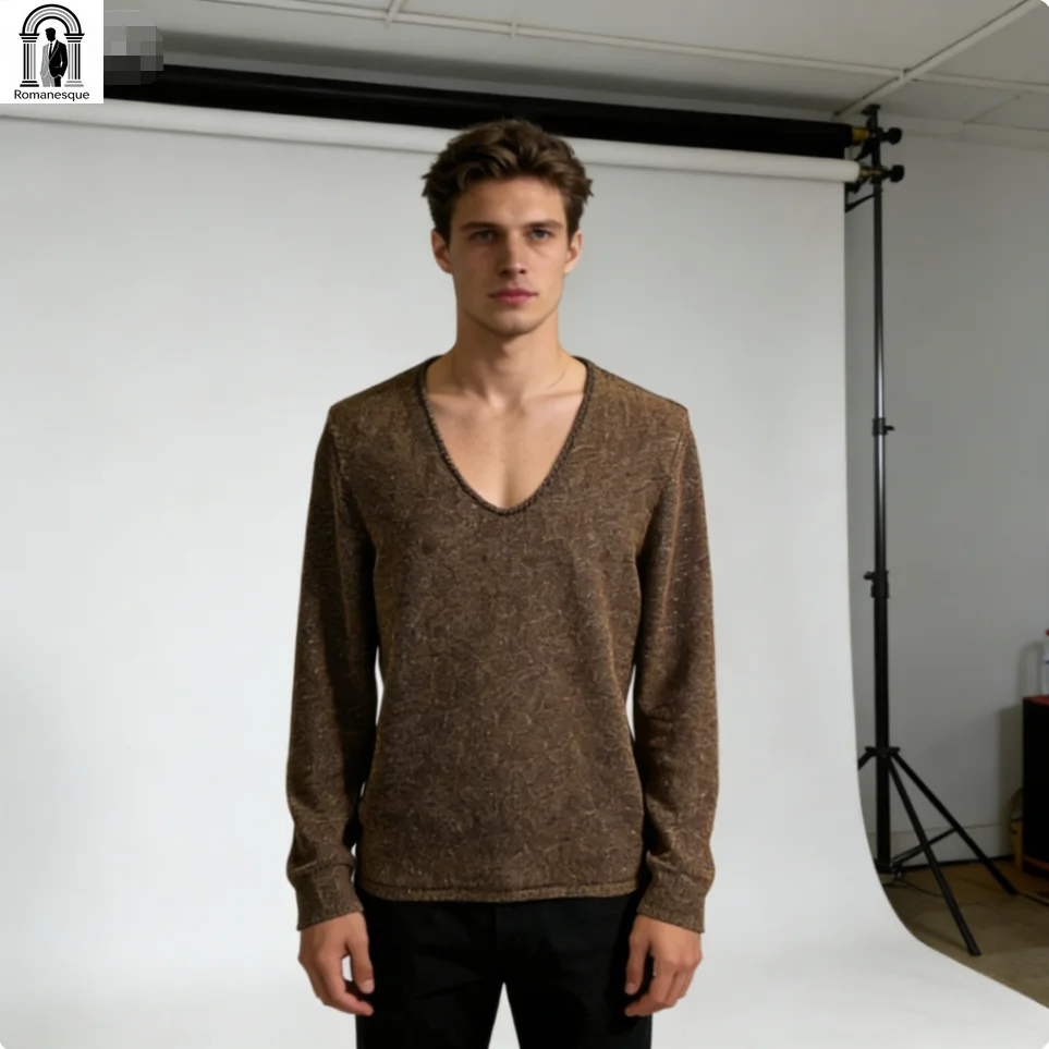 Golden Shimmer Party T-shirt Men's Fashion Casual Long Sleeve Tops Streetwear Loose Fit Pullover Sweatshirt Hip Hop Style