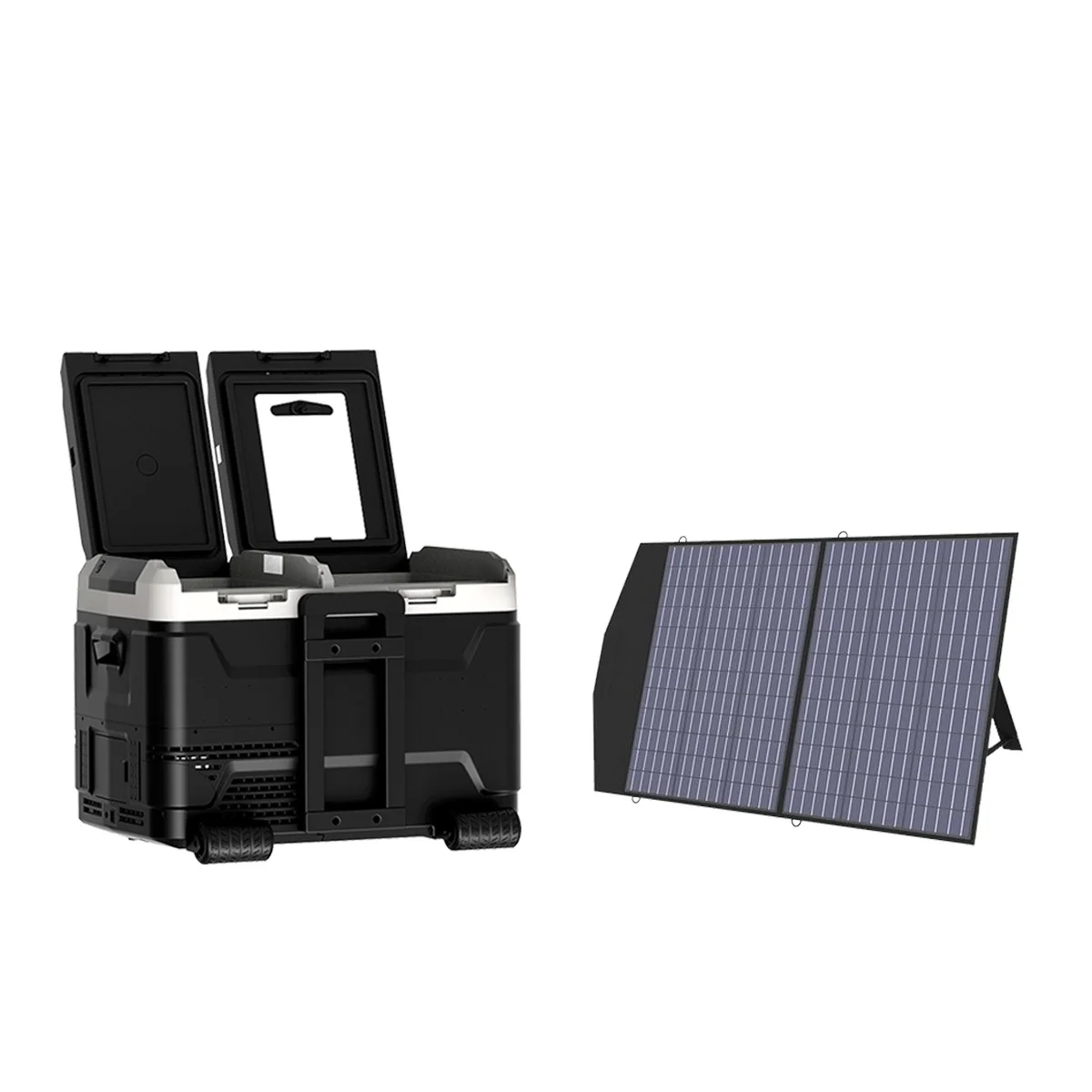 Portable 12V 40L Solar Dual Zone Temperature Car Fridge Freezer with Handles and Wheels for Camping and Outdoor