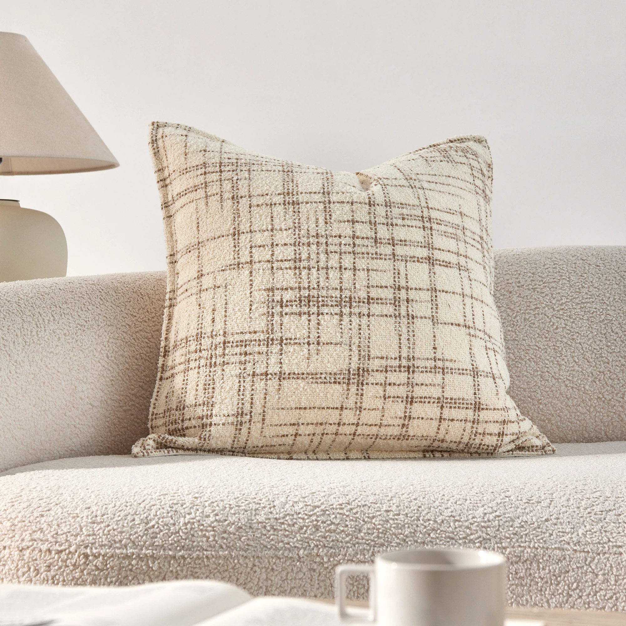 20x20 Boucle Pillow Cover Beige Cocoa Cross Grid Textured Cushion Cover for Sofa Bed Living Room Decor MScandinavian Farmhouse