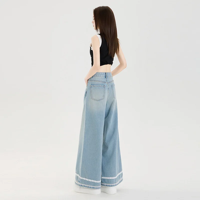 Hoge taille rechte jeans dames enkellange jeans kant gesplitste zakken rits losse pasvorm 2025, casual wijde pijpen broek