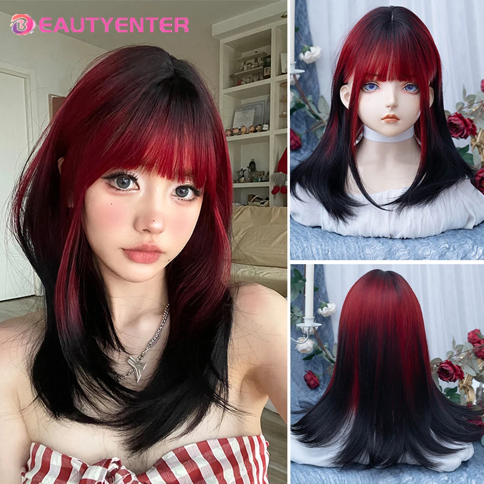 

BEAUTYENTER Black Red Ombre Synthetic Wigs for Cosplay Long Straight Layered Wigs with Bangs for Women Heat Resistant Fake Hair