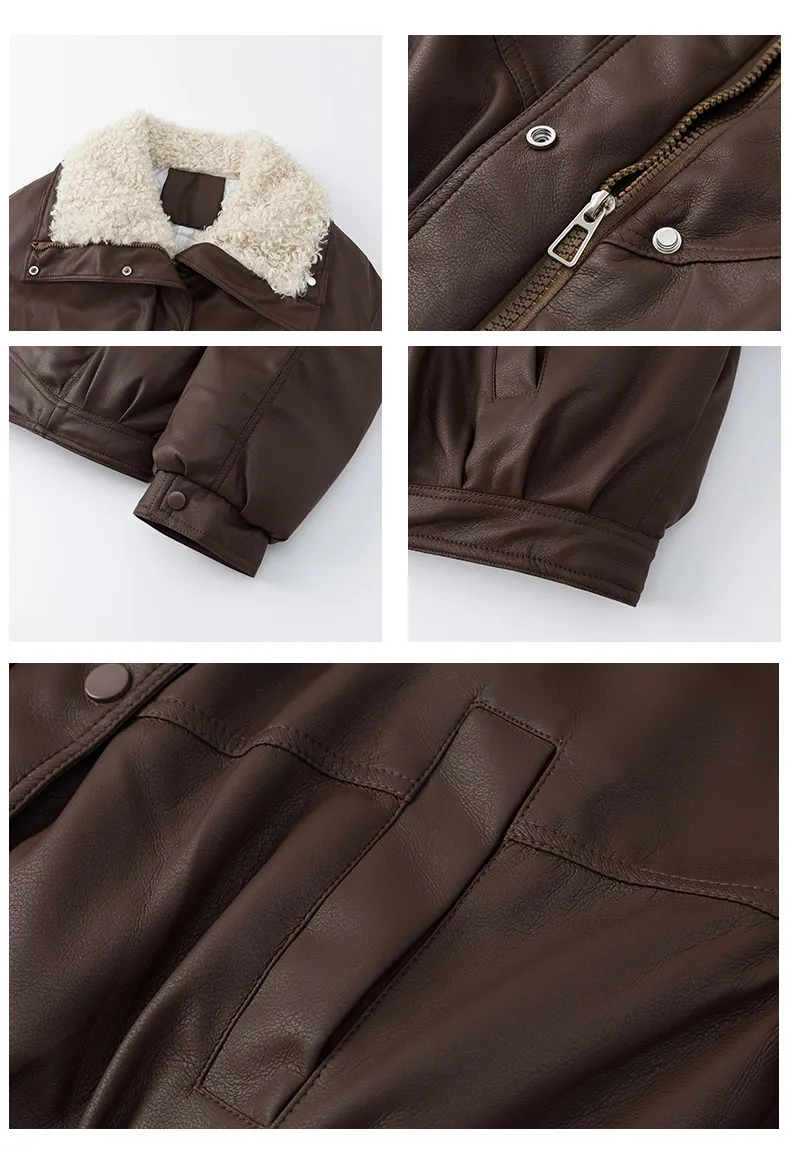 2026 Winter New Thick PU Leather Coat Women Cropped Fluffy Lapel Collar Padded Jacket Female Zip-up Streetwear Cool PU Parkas
