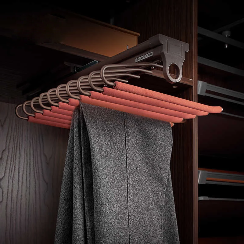 Wardrobe pull-out anti slip pants rack,damping slide rail,Top/side mounted hanging pants telescopic rack double/single row