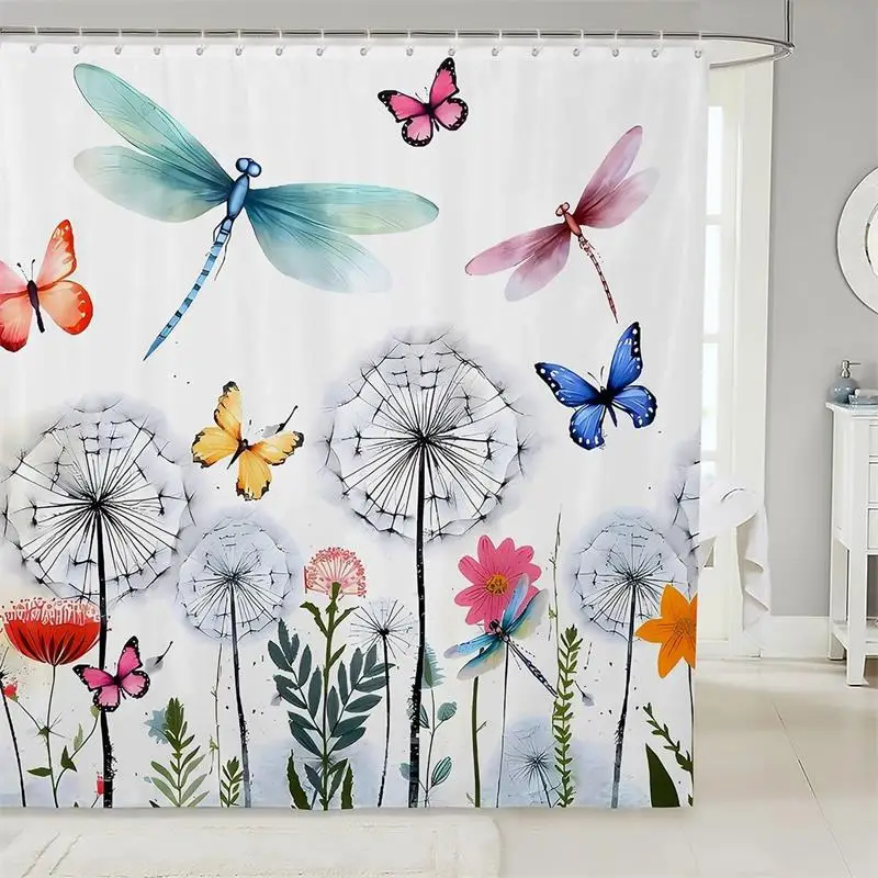 Floral Dragonfly Shower Curtains Butterfly Dandelion Purple Flowers Watercolour Art Polyester Bathroom Curtain Decor With Hooks