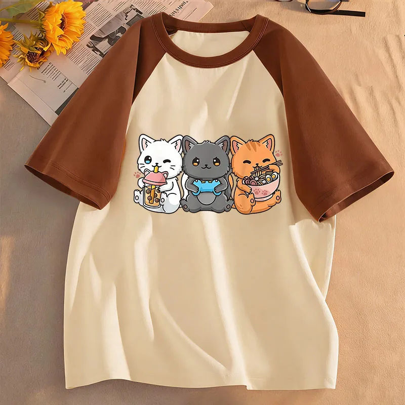 Camisetas Kawaii Unisex para Niños con Diseño de Gato Comiendo Ramen, Camiseta Infantil Manga Corta para Niños y Niñas, Top Informal de Verano y Primavera