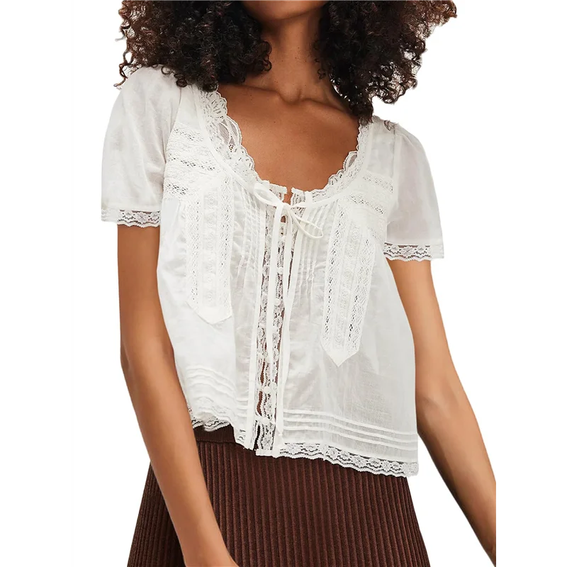 

Women Tie Front Lace Trim Top Sheer Short Sleeve Scoop Neck Button Shirt Y2k Ruffle Flowy Boho Crop Tops