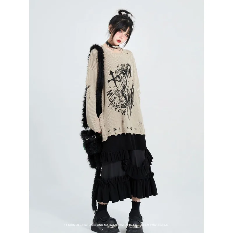 Deeptown Y2k Vintage Hole Women Kint Sweaters Harajuku Print Pullovers Grunge Japanese Fashion Oversized  Autumn Gothic Knitwear