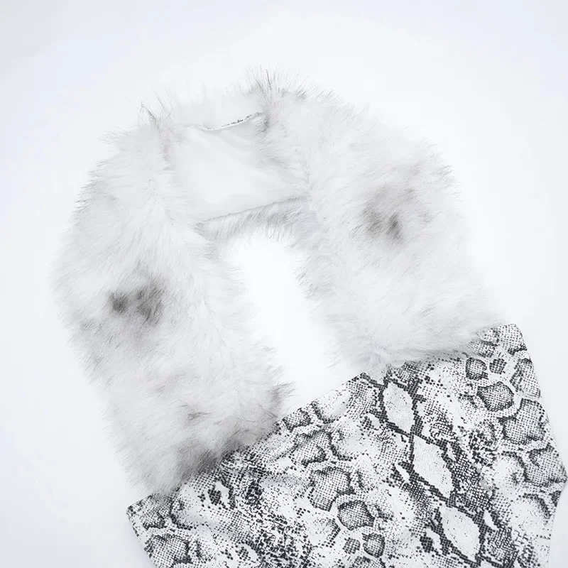 Women Sexy Serpentine Print 2 Piece Set Furry Collar Halter Backless Tank Bodysuits Tops + High Waist Pencil Pants Clubwear Suit