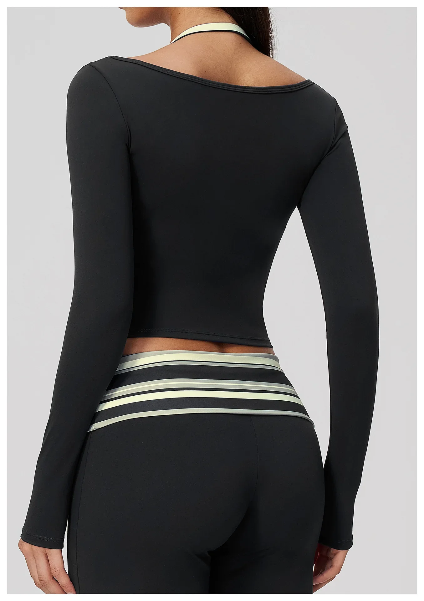 Yoga Langarm-Fitness-Top, Gym-Workout, Damen-Top mit Neckholder, Streifenmuster, kurzes, aktives Shirt, atmungsaktiv, für Sport und Training – Detail 28