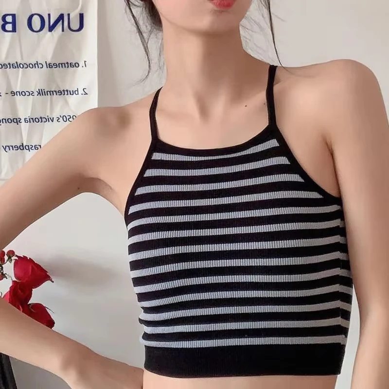 Korean Version Women Tank Tops Thread Solid Casual Fashion Crop Top with Chest Pad Stripe Sleeveless Outer Wear Basic Camisole