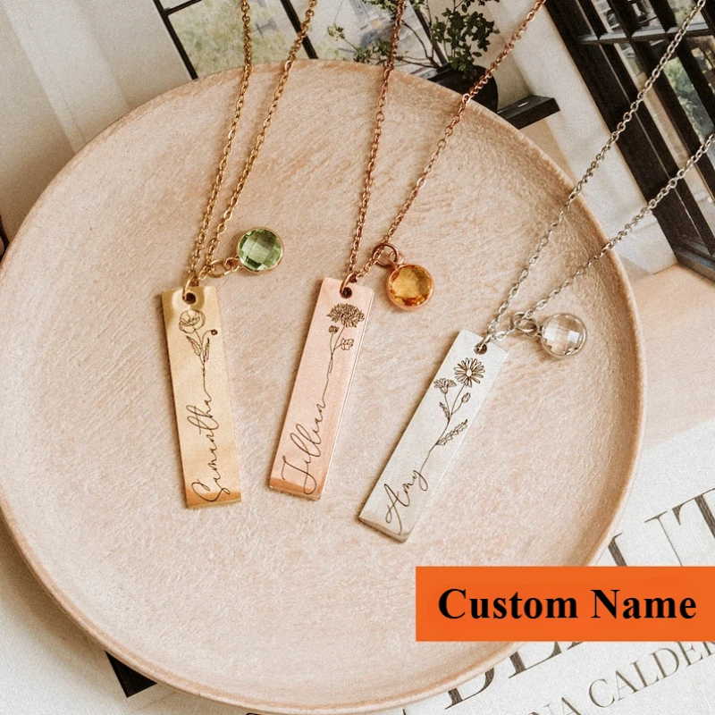 

Customized Birth Flower Name Birthstone Necklace Women Ladies Personalized Jewelry Gift Stainless Steel DIY Custom Bar Necklace