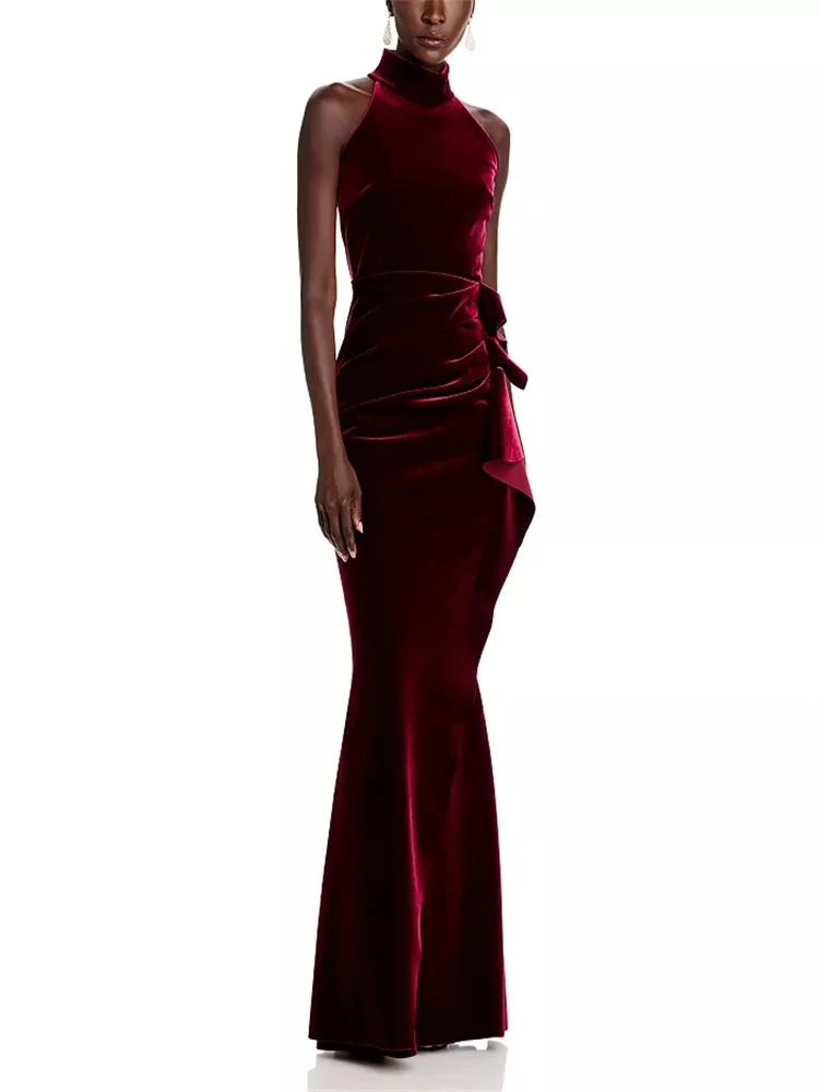 Customized  High-neck Halterneck Long Velvet Gown Sleeveless Skirt Pleated Design Raw Edge Hem Slim-fitting Fishtail Dress