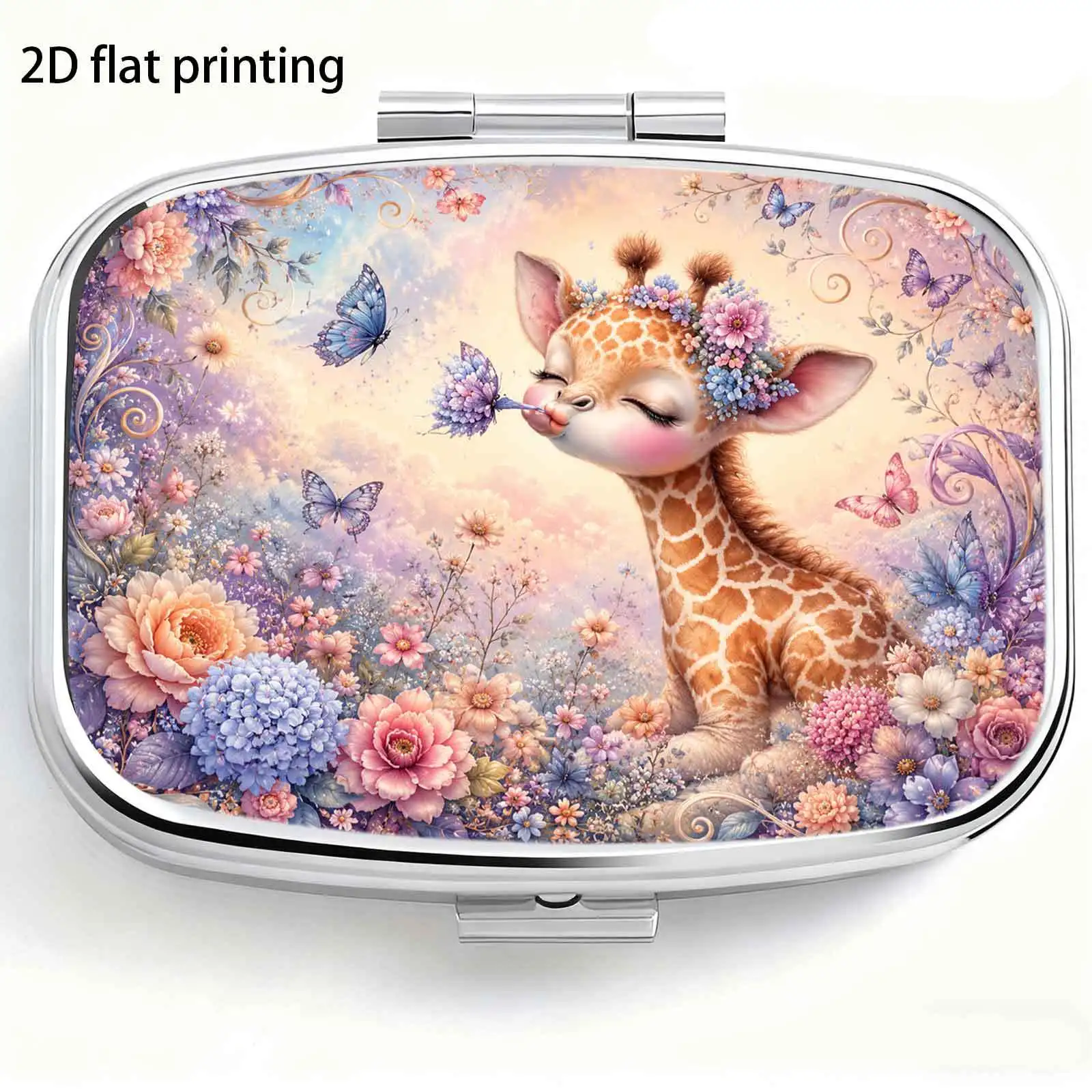 Dreamy Fairy Tale Pattern with Blooming Flowers, Butterflies, and Cute Deer, Small Square Pill Organizer with Two Compartments, Portable Medicine Storage, Can Also Be Used as a Portable Home Organizer, Decorative Box, Perfect for Handbags, Wallets, and Travel, Metal Storage Box, Small Jewelry Organizer, Ideal for Holiday Gifts, Souvenirs, Prizes, and Small Gifts