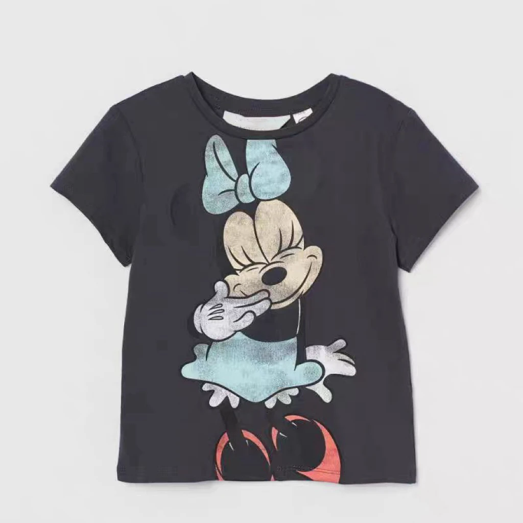 Minnie Printing T-shirt Babies Girls O-neck Bottoming Shirt Fashion Simple Cute Short Sleeve Tops Child Cartoon Clothes