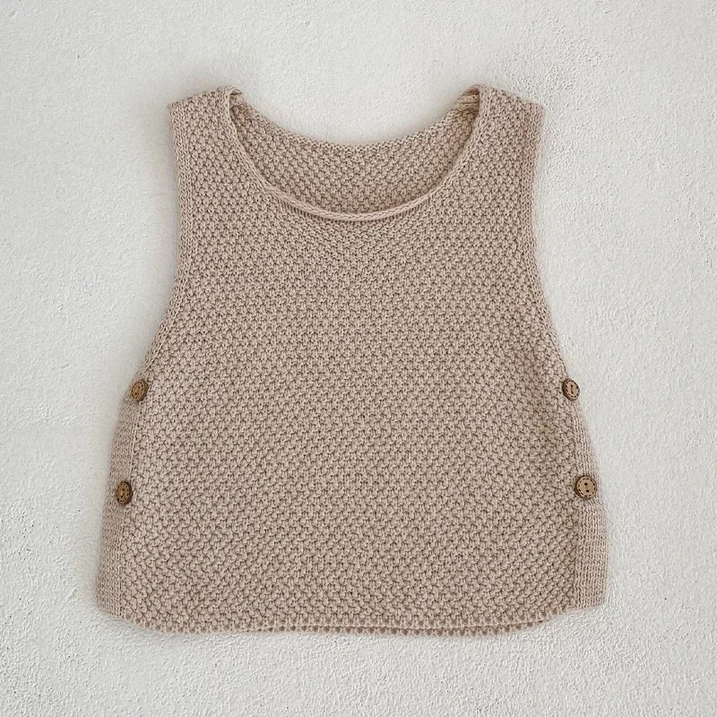 New Baby Clothing Knitted Sweater Thin Tank Top Open Button Top+Shorts 2-piece Set for Boys and Girls