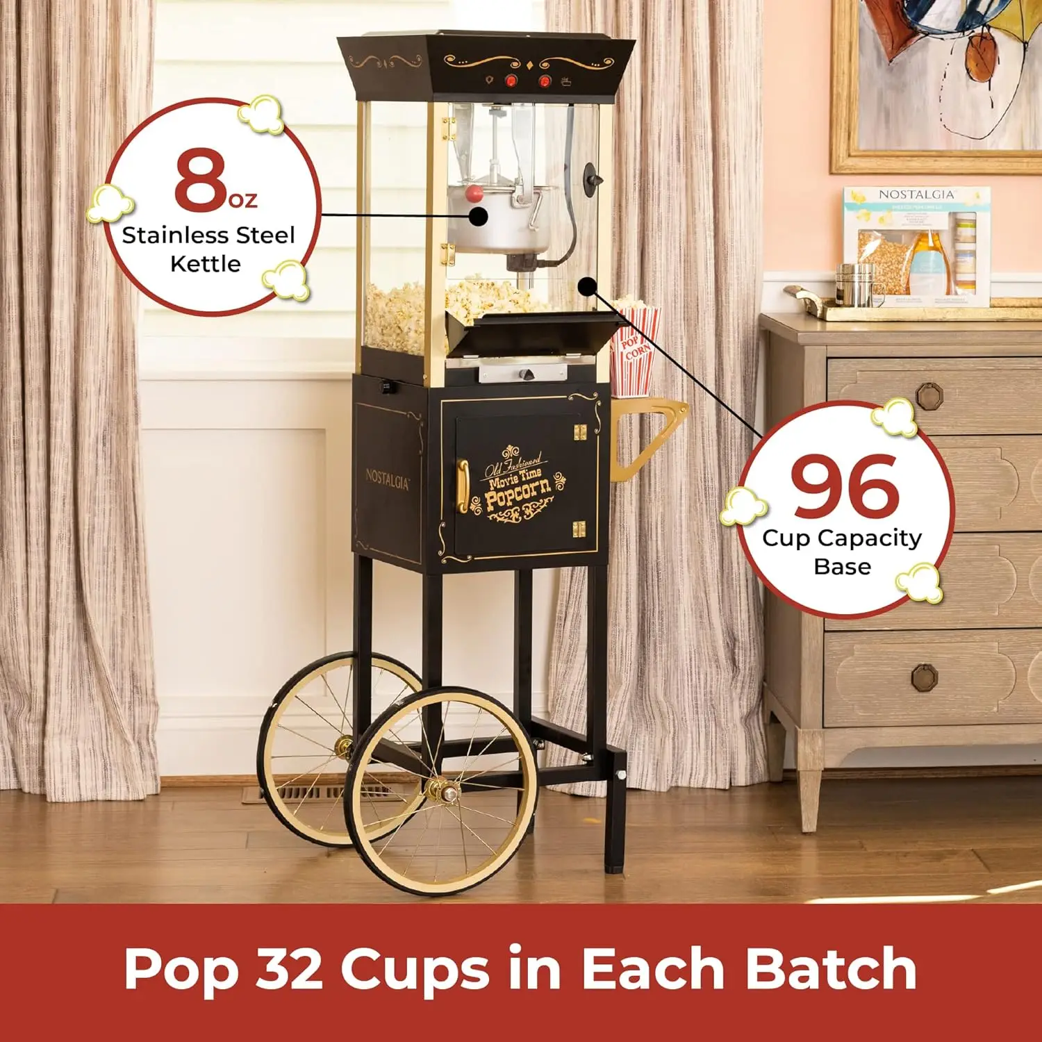 Professional Cart With 8 Oz Kettle Makes Up to 32 Cups - Vintage Popcorn Machine Movie Theater