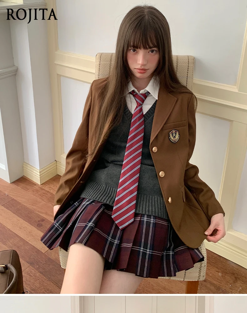 

JK Uniform Autumn Winter Brown Blazer Women's College Style Suit Tea College Style Brown Suit with Badge Gift