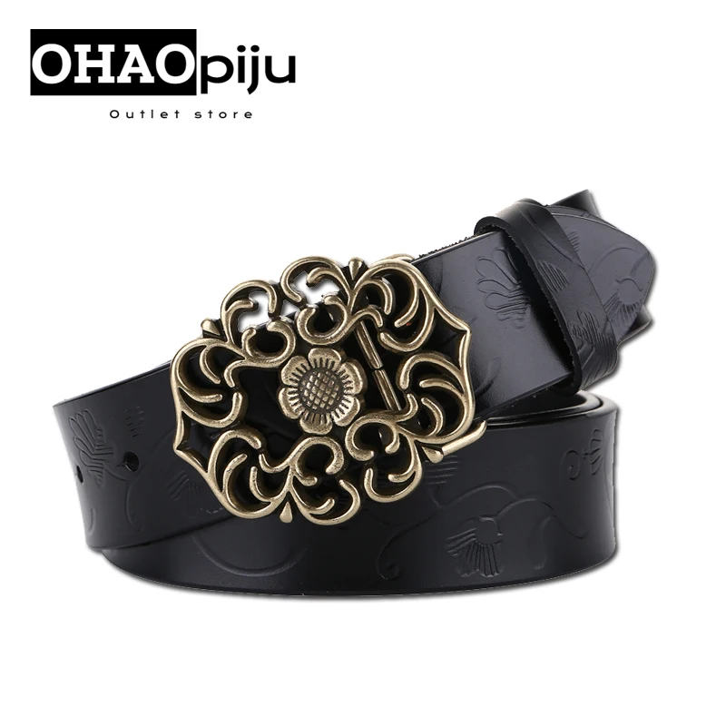 Cow skin Belt Fashion Floral Curved Buckle For Women High Quality Accessory Belts Pin Buckles Fancy Vintage for Jean Belt