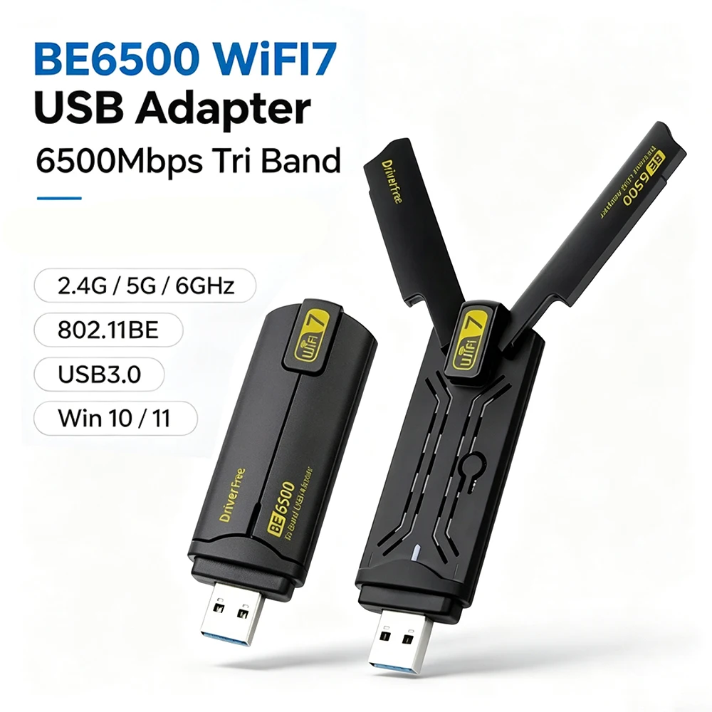BE6500 WiFi7 USB3.0 Wireless Dongle 6500Mbps Tri Band 2.4G 5G 6GHz 802.11BE Network Adapter For Windows 10 11 Desktop Laptop
