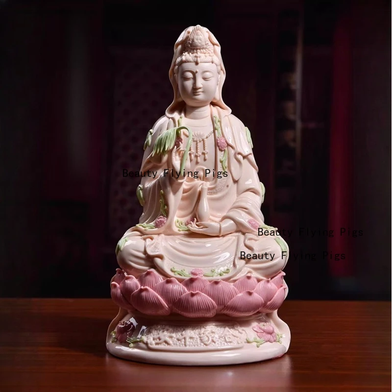 Statue de bouddha Guanyin assis en céramique, 1 pièce, ornement Feng Shui, accessoires de salon, fournitures sacrificielles, ornement de Temple