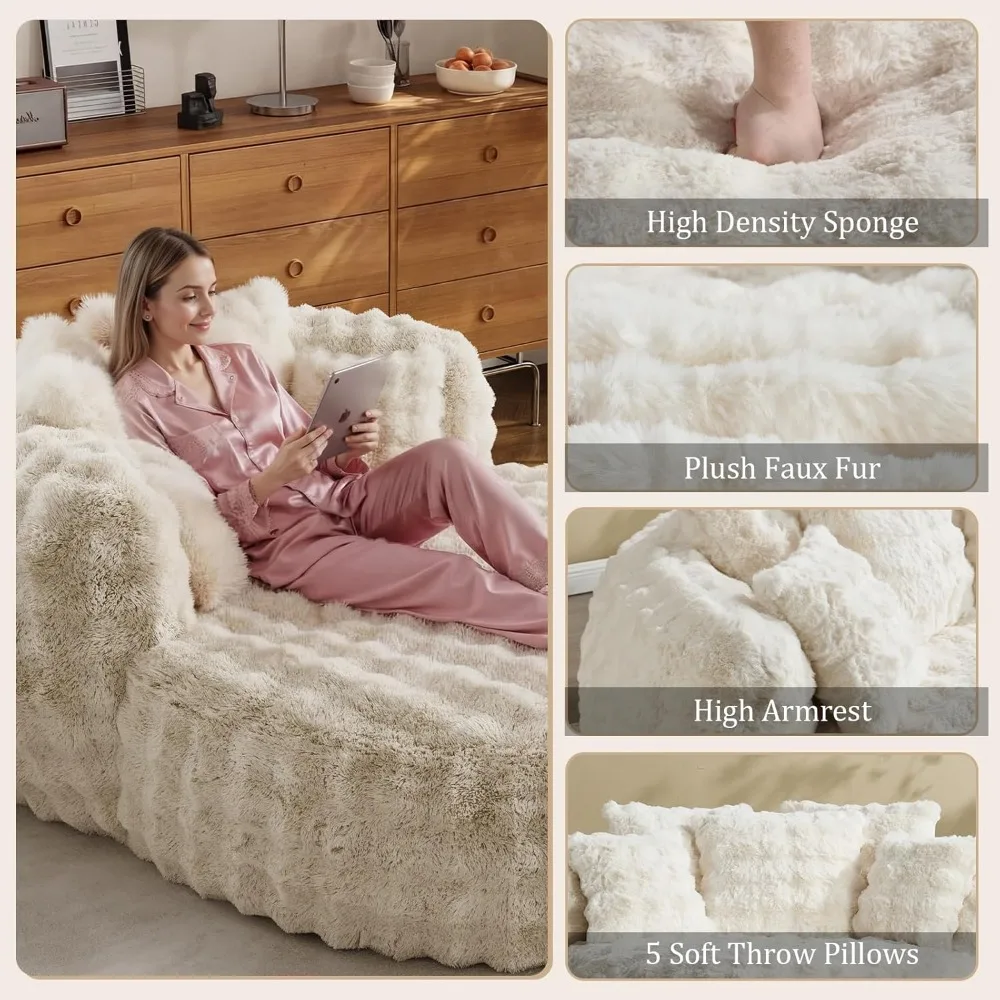 

Oversized Chaise Lounge Chair Indoor with Ottoman 55" W x 75" L Round Reading Chair Plush Faux Fur Corduroy Cloud, Customized